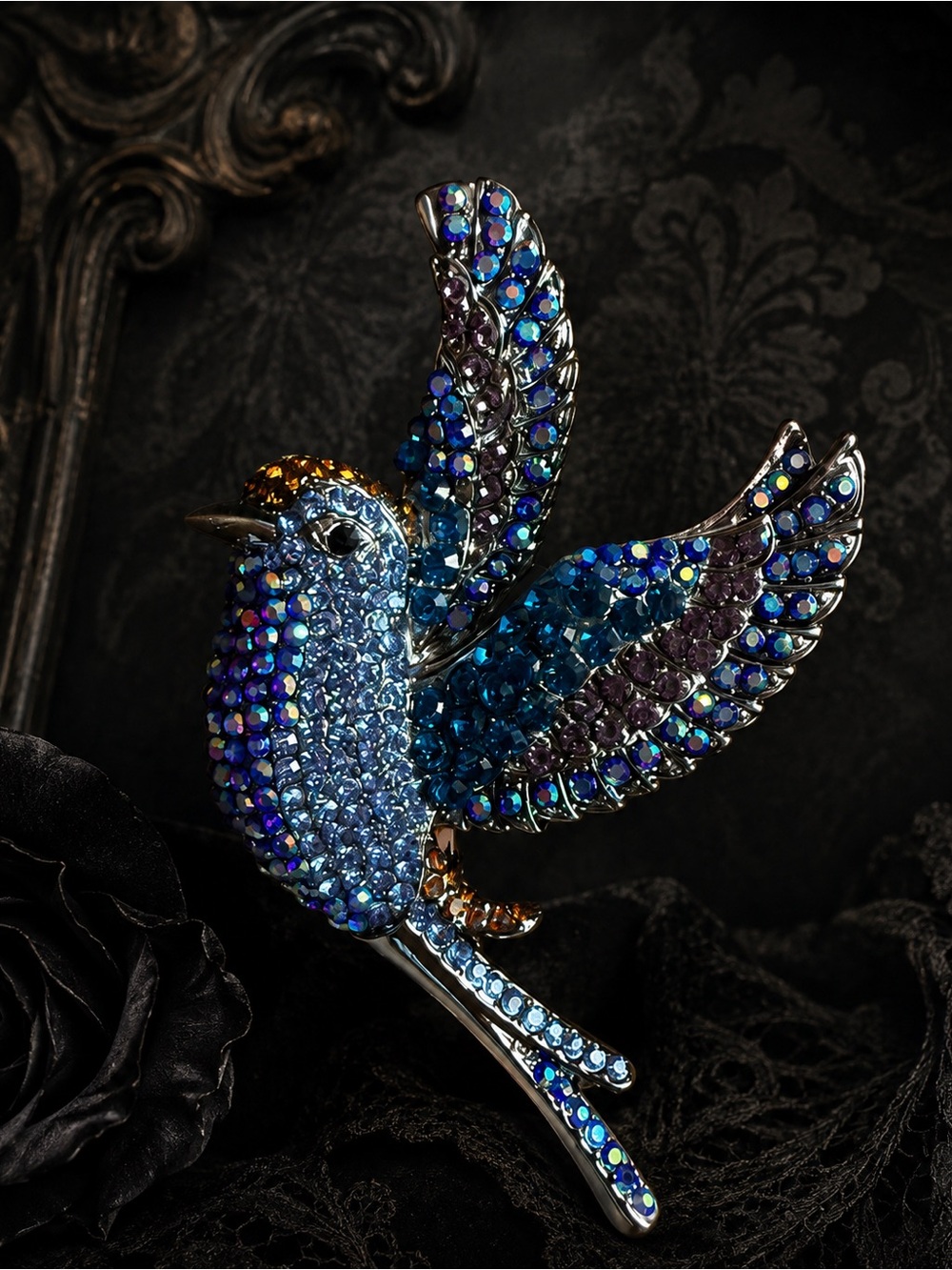 Blue Bird Crystal Brooch